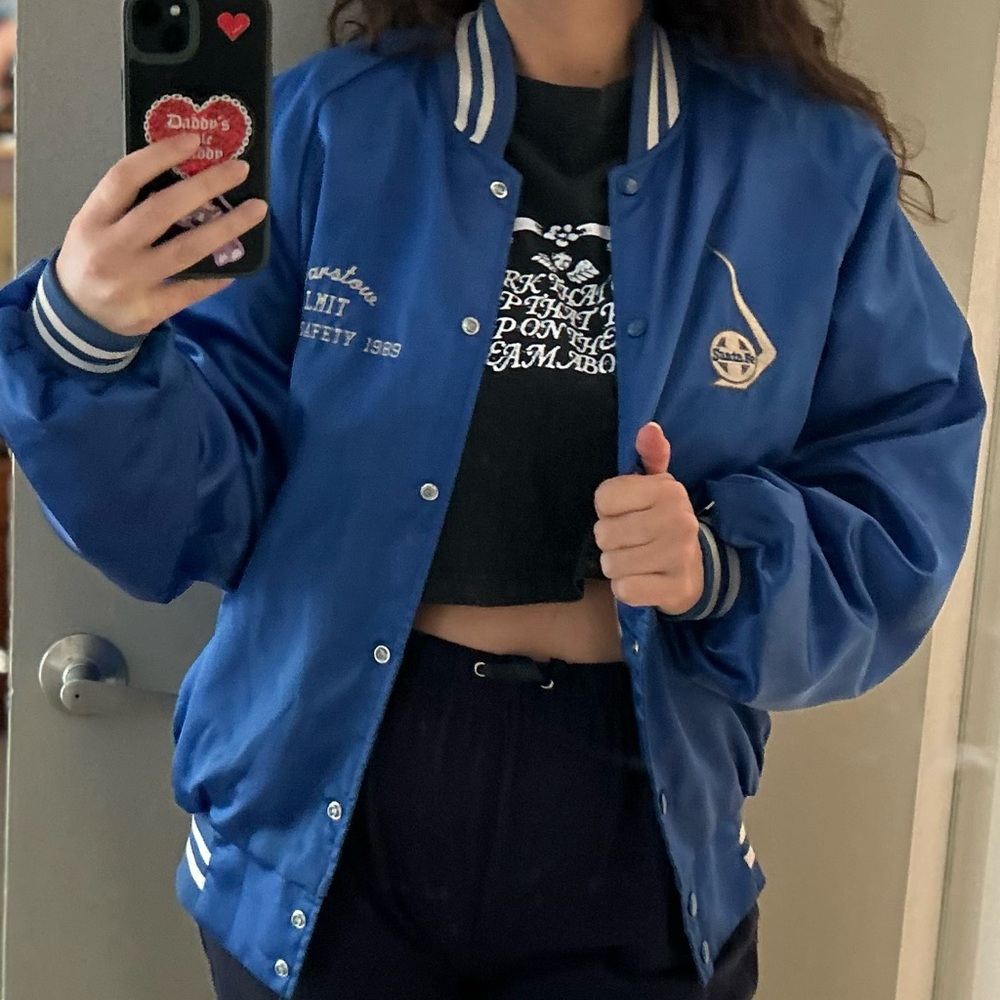 Vintage 80s Blue Satin Varsity Bomber Jacket